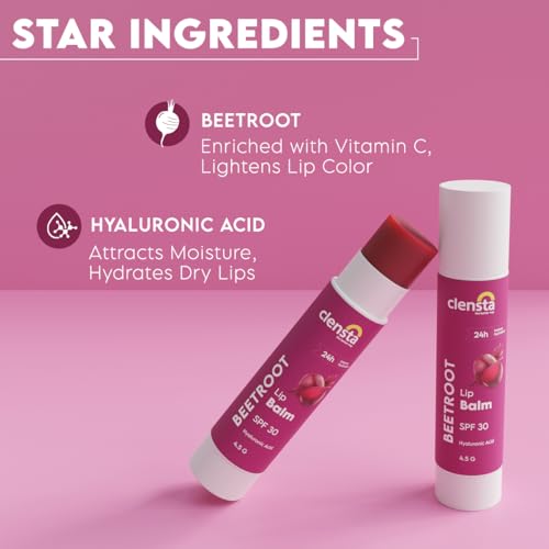 Clensta Beetroot Tinted Lip Balm | SPF 30 with Hyaluronic Acid | 24 Hour Hydration | Nourishing Lip Tint | Moisturizing Lip Balm for Dry & Cracked Lips | 0.16 Oz/4.5g