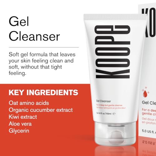 Koope Gel Face Wash, Cleanser For All Skin Types, Gentle, Soap-Free, pH Balanced, Makeup Remover with Oat Amino Acids, Cucumber, Kiwi & Aloe, Free of Parabens, Sulphates & Fragrances, Vegan, 5.0 FL OZ