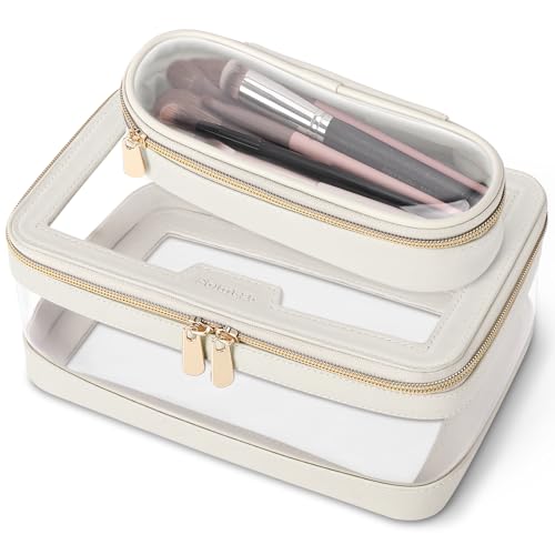 Travel Clear Makeup Bag with Makeup Brush Bag, Leather Make up Case Toiletry Bag, Portable Cosmetic Bag Case, Transparent Waterproof Cosmetic Organizer Storage Bag for Women, Off-White