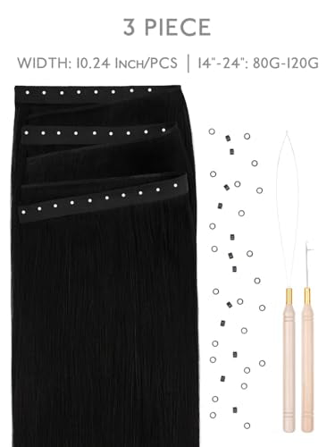 WENNALIFE 3PCS Butterfly Weft Hair Extensions Human Hair 14 Inch Black - Reusable Seamless Sew-In