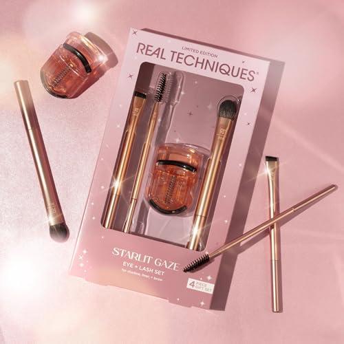 Real Techniques Starlit Gaze Eye + Lash 4 Piece Holiday Gift Set, Eye Makeup Brush Set For Eyeshadow & Brow Products, Mini Eyelash Curler For Travel, Stocking Stuffer, Limited Edition, Cruelty-Free