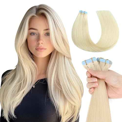 Missme Tape in Hair Extensions Human Hair 20 inch 20 Pcs 50g #60 Platinum Blonde Tape ins Human Hair Extensions Remy Hair Skin Weft Seamless Invisible Silky Straight Thick Ends Add Length