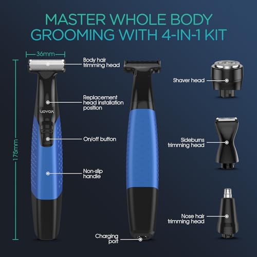 VOYOR Beard Trimmer for Men, Electric Razor, No Pain, Full Body Grooming, Face & Body Hair Trimmer, Adjustable Length Combs, All-in-1 Rechargeable Mens Grooming Kit, Cordless, Wet/Dry, TX510 (Blue)