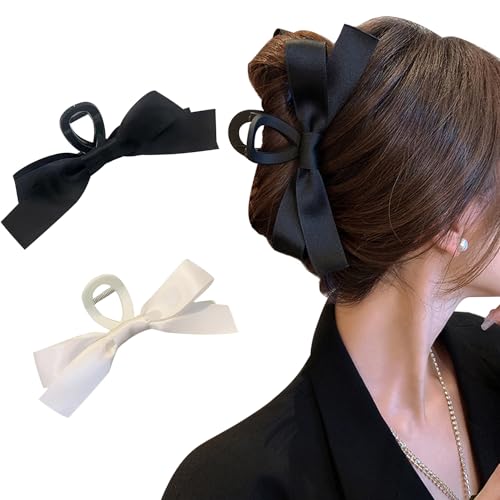 Bow Hair Claw Clip Black Bows Hair Claws Barrette for Thick Thin Hair,Silky Satin Bow Knot Non Slip Claws Clamps Large Bow Hair Barrettes Accessories for Women and Girls (Black + White(matte))