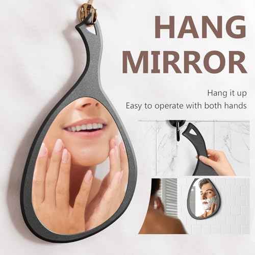 Large Handheld Mirror with Handle - 10.5" W x 19.5" L Extra Large Size to See The Entire Back of Your Head, Clear Without Distortion, Ergonomic Handle with Hanging Hole for Hanging, Oval, Black