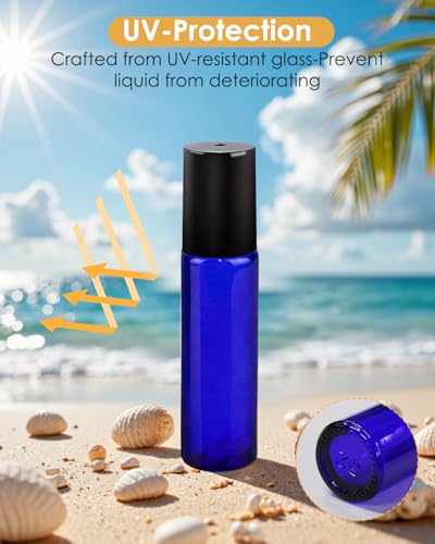 Blue Refillable 10ml Essential Oil Roller Bottles - 4 Pack with Funnel
