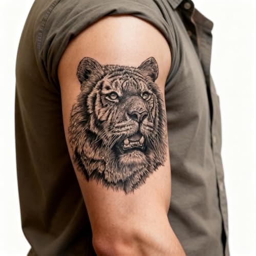 2 Sheets Realistic Animal Temporary Tattoos Stickers Sketch Lifelike Tiger Roar Designs For Men Waterproof Arm Leg Fake Body Art, Gym & Parties Bold Masculine Decals