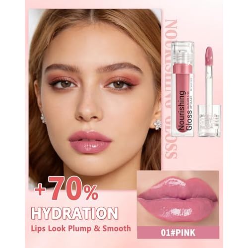 Plumping Lip Gloss for Women, Glossy Finish Lip Tint Stain, Hydrating Moisturizing Lips Care Tinted Lips Oil, Non-Sticky Long Lasting Shine Lipgloss Lipstick, Plumping LipGloss Oil Makeup-01 Pink