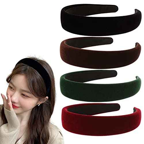 4Pcs Black Velvet Headband for Women Girls Wide Hairbands Pack Non Slip Thick Headband Set Adult Red Brown Green Padded Hair Band Fashion Soft Headbands for Long Short Thin Curly Hair Accessories Gift