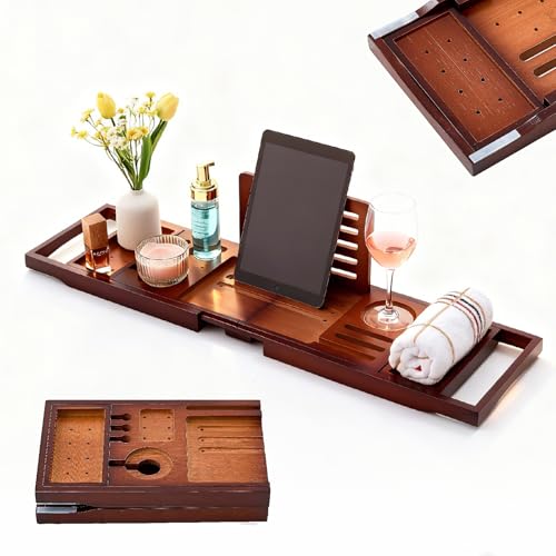 Premium Foldable Bamboo Bathtub Tray Caddy, Expandable Bath Caddy Tray with Holder, Brown Bath Shelf Over Tub, Spa Bathroom Accessories & Gifts for Home