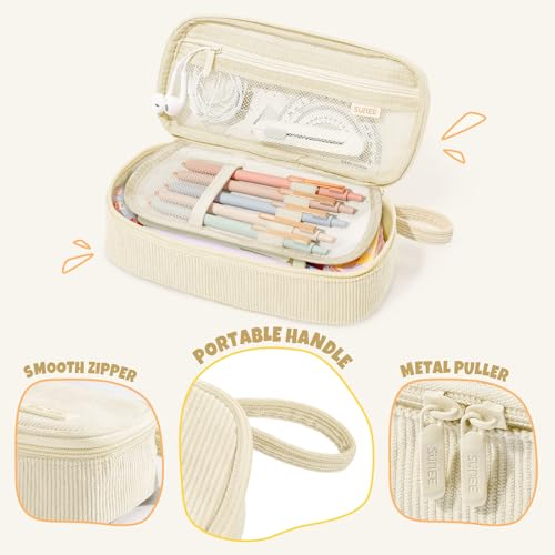 SUNEE Beige Corduroy Pencil Case, Large Capacity Zipper Pouch, Multi-Compartment Pen Organizer
