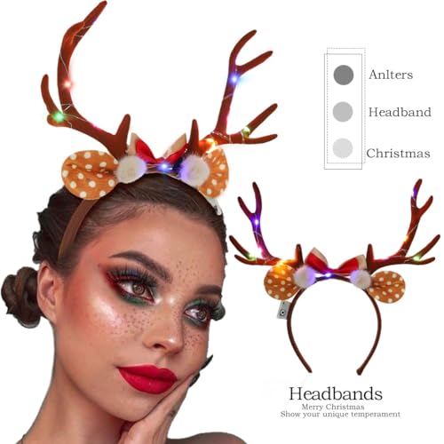 Fdesigner Antler Reindeer Headbands Brown Light Up Christmas Deer Hairband Elk Headband Xmas Fawn Ears Headpiece Holiday Women Hair Accessories Props for Costume (Bow)