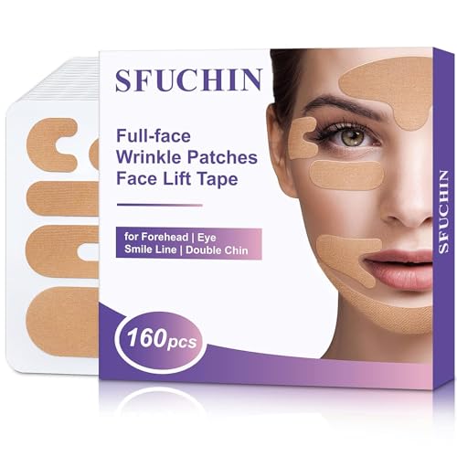 Sfuchin Wrinkle Patches - Face Tape 160 Multipurpose Pre Cut High Elastic Kinesiology Full Face Tape for Wrinkles - V Line Tape - Forehead 11 Frown Eye Lip Chin Neck Chest Wrinkle Pads