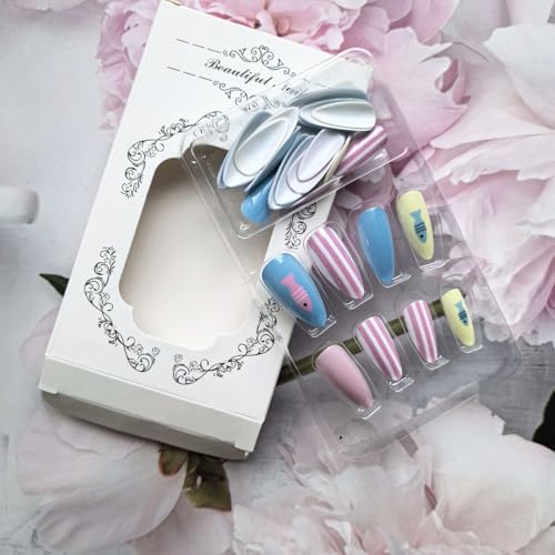 Medium Almond Faux Nail Tips Kit with Ocean Fish Design, 24 Pieces