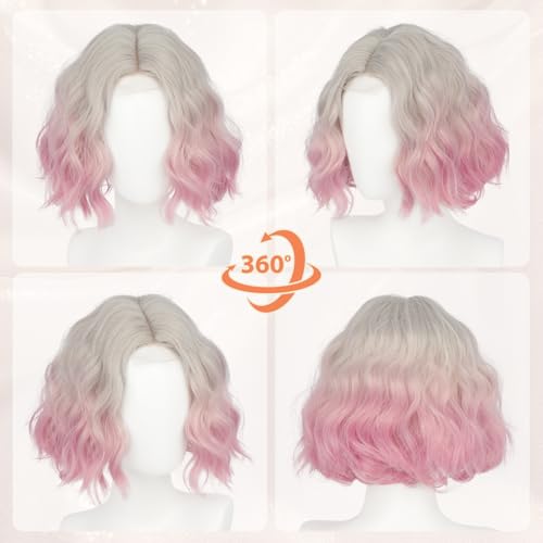 Haloo Pink Ombre Bob Wig for Women - 11 Inch Short Wavy Curly Synthetic Lace Front Hairpiece