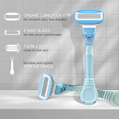 Razors for Women with 4 Razor Refills and 1 Non-Slip Handle, Womens Razors for Shaving with Organic Lubricating Strip, Disposable Razor with 5 Blades (Sky Blue)