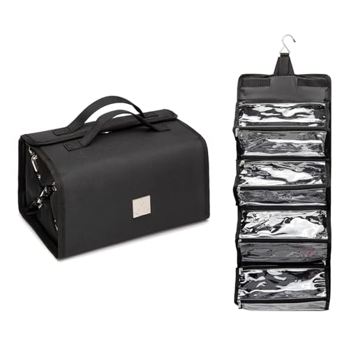 ROYALFAIR Roll Up Makeup Bag, Travel Toiletry Bag for Women with 4 Clear TSA Approved Pouches, Hanging Travel Organizer, Folding Cosmetic Bag for Men and Women