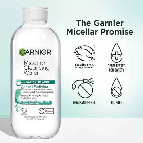 Garnier Micellar Water with Salicylic Acid, All-in-1 Mattifying Facial Cleanser and Makeup Remover for Oily and Acne Prone Skin, 13.5 Fl Oz