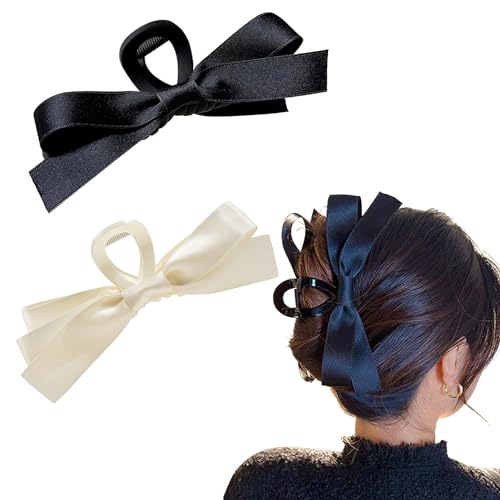 Ayesha Bow Hair Accessories: Jaw Clips, Barrettes, Big Hair Bows & Ribbon Hair Claws in 2 Colors for Women & Girls (Black & Cream)