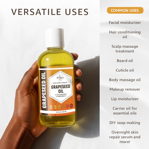 ORGANIC GRAPESEED OIL (16 oz) Cold Pressed Unrefined | 100% Pure Natural, Non-GMO | Available in Bulk | Skin, Hair, Face, Carrier for Essential Oils, Soap Making | 16 FL OZ