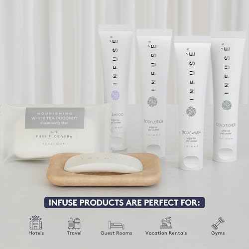 Infuse Pure White Tea and Coconut Hotel Soaps and Toiletries Bulk Set | 1-Shoppe All-In-Kit for Airbnb | 1oz Shampoo & Conditioner, Body Wash, Lotion & 1.25oz Bar Soap | Travel Size 300 Pieces