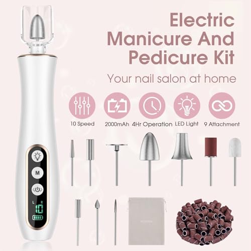 Cordless Electric Nail Drill with 360° LED Light - 10 Speed, LCD Display, Low Noise, 6H Runtime, 9 Bits