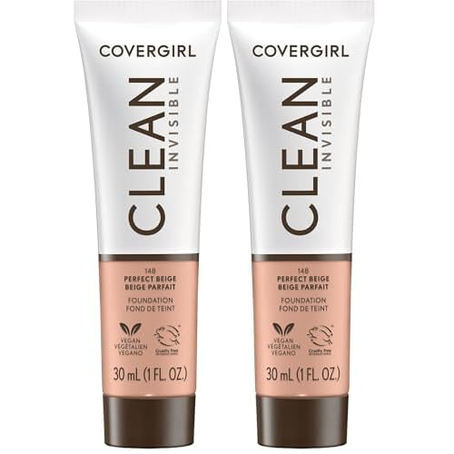 COVERGIRL Clean Invisible Foundation Makeup, Dewy & Glowy Natural Finish, Buildable Coverage, Skin-Like Smooth Look, Vegan, Perfect Beige, 1oz (Pack of 2)