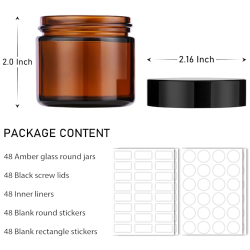 Amber Glass Jars with Black Lids 2 oz, 48 Pack - Small Storage Containers