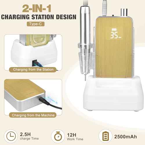 Professional Portable Nail Drill, 2-in-1 AZ GOGO 35000RPM Rechargeable Cordless Electric Nail Drills for Acrylic Gel Nails - 60W Coreless Motor Quieter, High Efficiency Pro E-File for Salon & Home