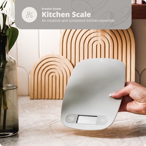 Greater Goods Digital Kitchen Scale - Cooking, Baking, Meal and Food Prep Scale, Weighs in Grams, Pounds and Ounces, Gray