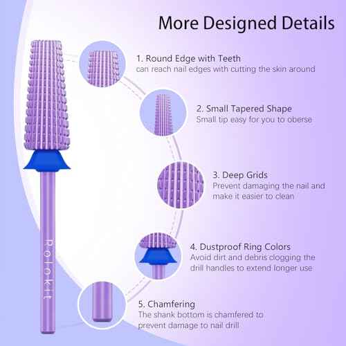 5 in 1 Nail Drill Bit, 3/32'' Professional Carbide Tungsten Drill Bit Nail Tech, Two Way Rotate Cuticle Gel Remover Drill Bit for Manicure Pedicure Acrylic Nail Poshling (Purple, Medium-M)