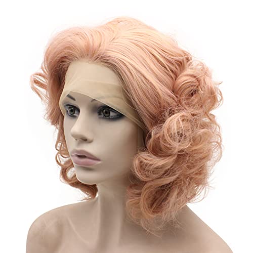 MX angel Short Curly Synthetic Hair Lace Front Rose Pink Wig Heat Friendly Fiber Hair