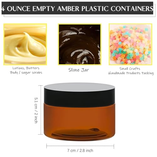 TUZAZO 4oz Amber Plastic Cosmetic Jars Leak-Proof Pack of 6 with Lids & Labels