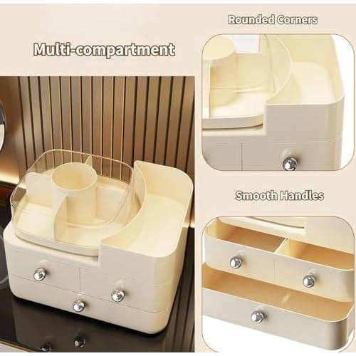 Cosmetic Organizer with 3 Drawers, Makeup Storage Display Case, White Vanity Beauty Container, Chrome Knobs