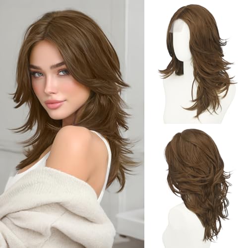 Haloo Brown Layered Wig with Curtain Bangs Lace Front 20 Inch