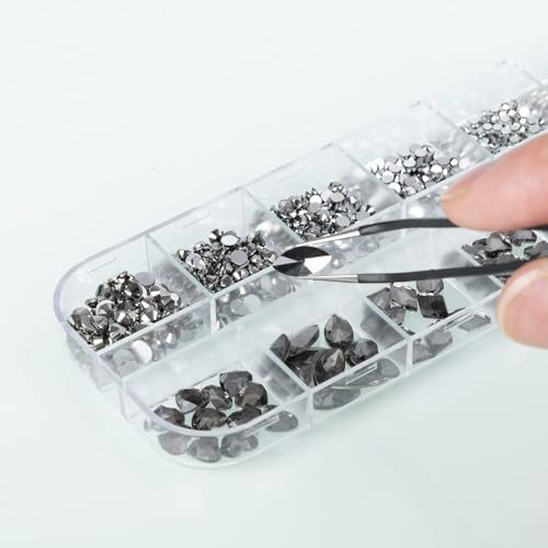 QEZEZA Nail Art Rhinestones Kit, Rhinestone Nail Face Gems, Nail Art Ab Flatback Rhinestones Gems Stones with Storage Organizer Box, (1.5mm - 10mm) 1000PCS 12 Sizes - Clear Black