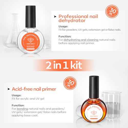 modelones 30 ml Nail Dehydrator and Primer, Acid Free Natural Prep Dehydrate & Bond Primer Kit, Hema-Free Acrylic Nail Supplies Top Coat