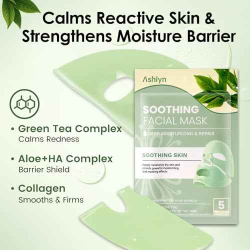Ashlyn Green Tea Soothing Collagen Face Mask - Overnight Hydrating Sheet Mask with Hyaluronic Acid & Collagen for Sensitive Skin, Deep Moisture Calming Relief for Glass Skin, 35g, 5ea