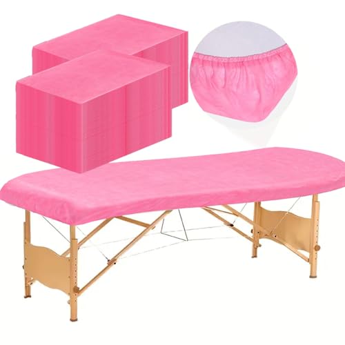 50PCS Disposable Fitted Massage Table Sheets with Elastic, Heavy Duty Elastic Disposable Bed Cover, Breathable Pink Sheets for Spa Massage Beauty Tattoos Non Woven Fabric 36 x 85 In