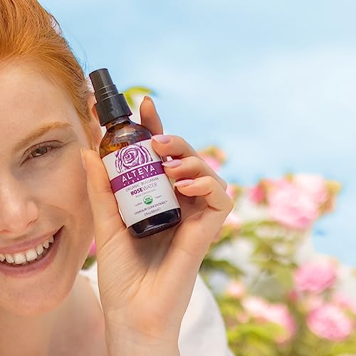 Alteya Organics Rose Water USDA Certified Organic Facial Toner, 2 Fl Oz/60mL Pure Bulgarian Rosa Damascena Flower Water, Award-Winning Moisturizer Amber Glass Spray Bottle