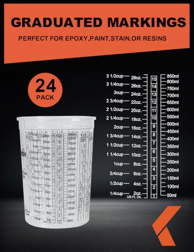 KREFINISH 32 Oz Clear Plastic Mixing Cups with Lids - Disposable & Reusable for Epoxy, Paint, Resin, Automotive, Art Projects (Box of 24 + 4 Lids)