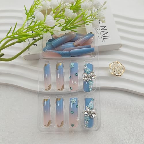 Press on Nails Long Square Fake Nails with 3D Butterfly Rhinestones & Flower Charms Designs Glitter French Tip Nails Press ons Glossy Glue on Nails Blue Gradient Stick on Nails for Women 24Pcs