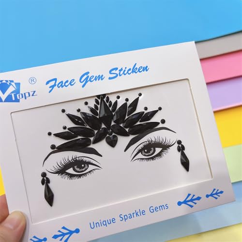 Topz Black Face Jewels Stickers - Self-Adhesive Body Gems