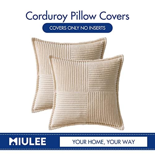 MIULEE Corduroy Pillow Covers with Splicing Set of 2 Super Soft Boho Striped Pillow Covers Broadside Decorative Textured Throw Pillows for Spring Couch Cushion Livingroom 22x22 inch, Beige