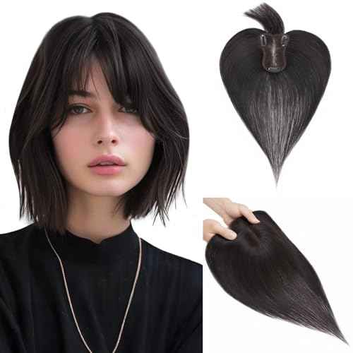 Hairro 100% Human Hair Toppers with Bangs, 360¡Æ Cover 3D Clips on Thin Hairpieces for Women, 3.15"x4.33" Silk Base Lightweight for Covering Greyish Hair on Top, 11 Inch Natural Black