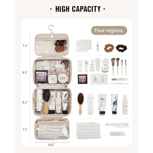 EACHY Toiletry Bag with Hanging Hook, Travel Makeup Bag PU Leather Cosmetic Bags for Women Make Up Organizer with 4 Compartments Waterproof Full-Size Portable Travel Essentials (Beige)