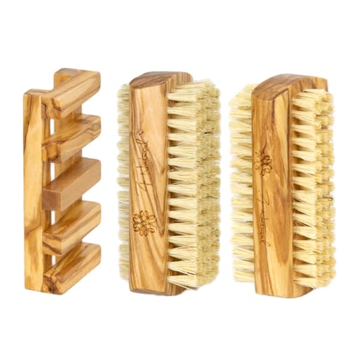 Olive Wood Hand Nail Brush Set - Double-Sided Sisal Bristles