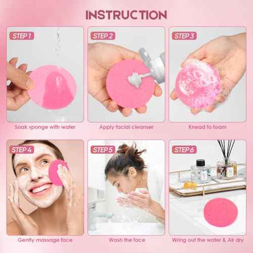 AIDEA 48-Count Compressed Facial Sponges Pink, Face Cleansing Pads, 100% Natural Cellulose Cosmetic Spa Sponges for Facial Cleansing, Exfoliating Pads, Mask Removal, Travel Essentials for Women