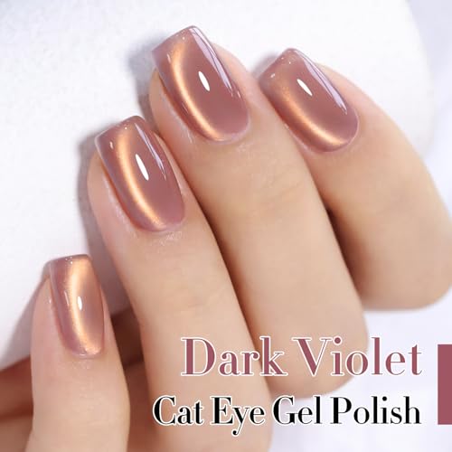 Double Rhythm Cat Eye Gel Nail Polish 15ML Golden Violet with Magnetic Holographic Glitter - Brown Purple Variant