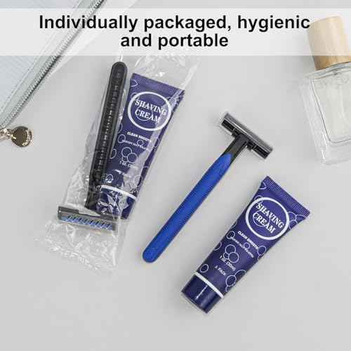 Shaving Razor Set, Disposable Individually Wrapped Manual Twin Blade Razors in Bulk Smooth Shaving Razors with Mini Shaving Cream Toiletries for Hotel Charity Camping Travel Homeless 1oz (Pack of 60)